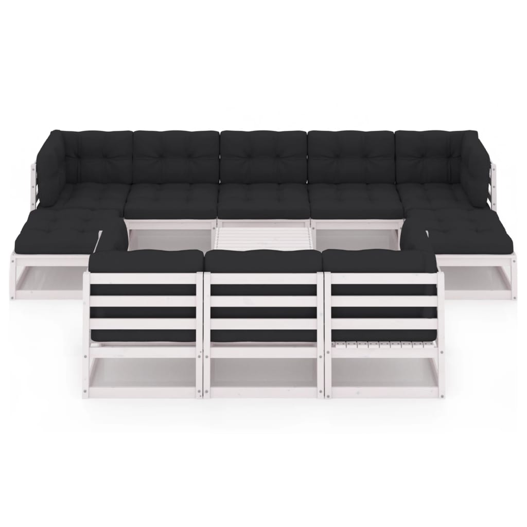 11-tlg. Garten-Lounge-Set mit Kissen Weiss Kiefer Massivholz